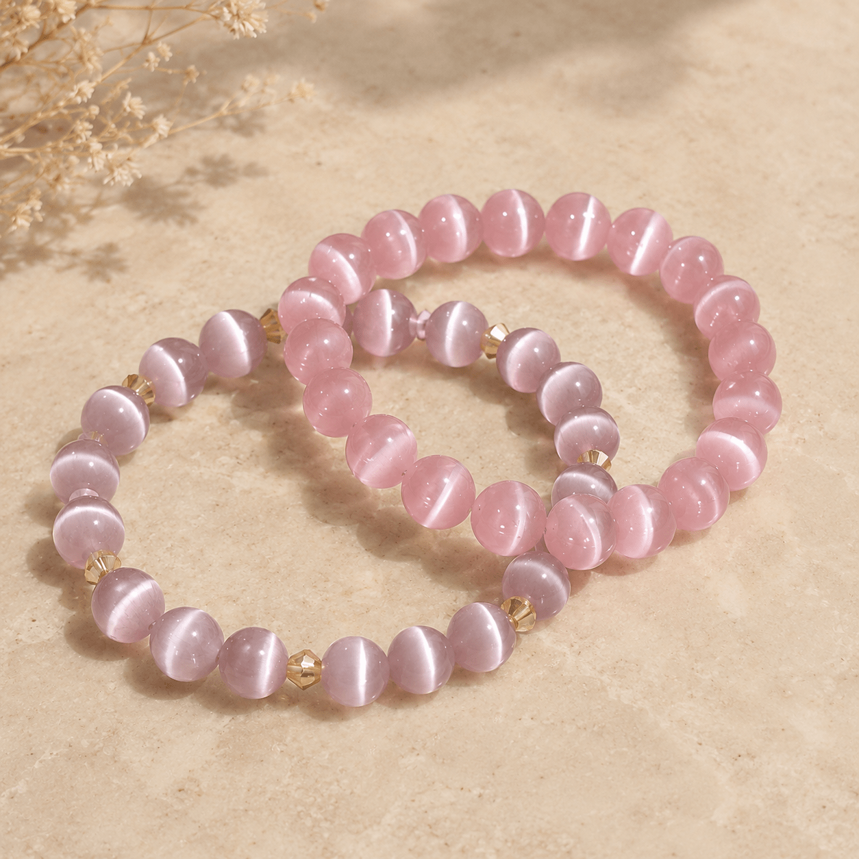 2pc Purple & Pink Cat Eye Stone Beaded Bracelet Set, Elegant Layered